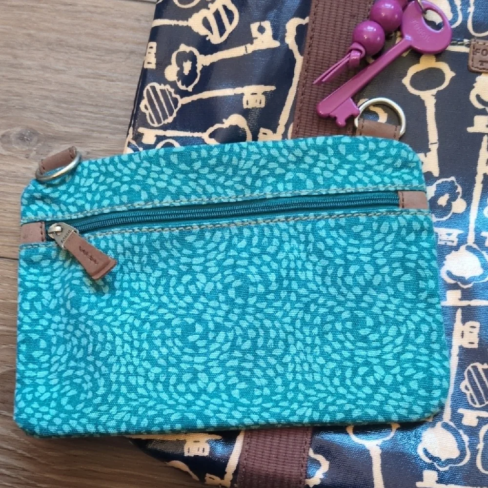 Fossil Key Per Large Coated Canvas Tote Bag‎ Shoulder Purse w/ Matching Pouch